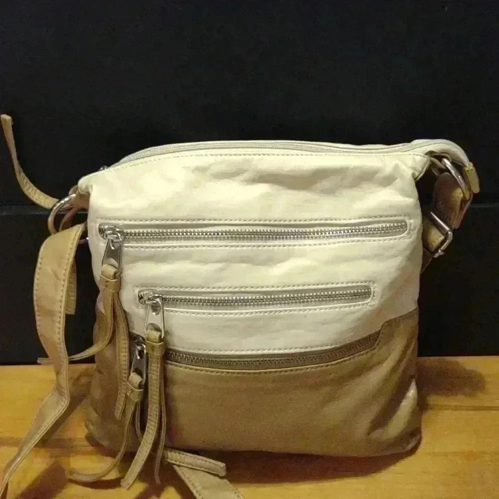 GAL leather two tone cream/tan medium‎ crossbody bag with adjustable strap